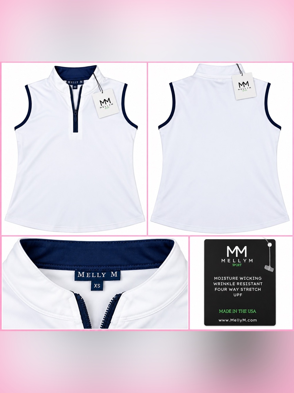 Melly M White Sleeveless Zip Polo with Navy Trim